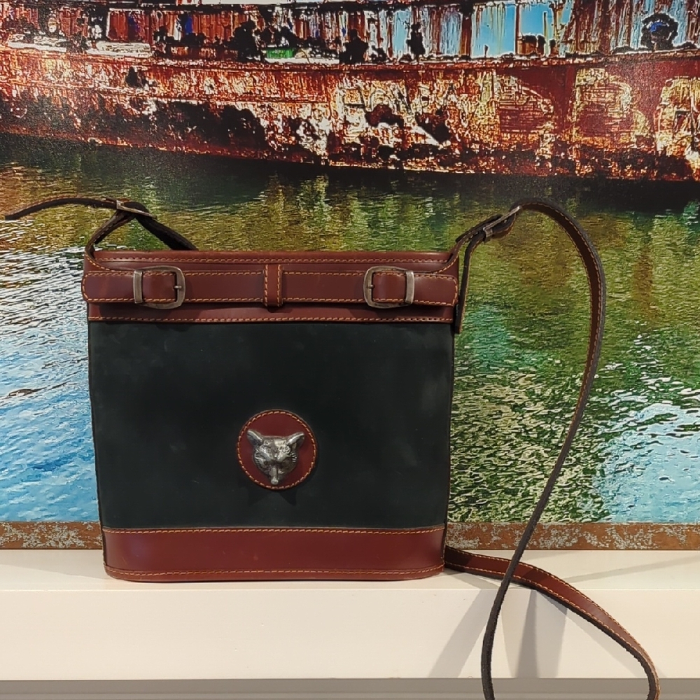 Vintage Suede And Leather Bucket Shoulder Bag With Buckles And Fox Accent Piece